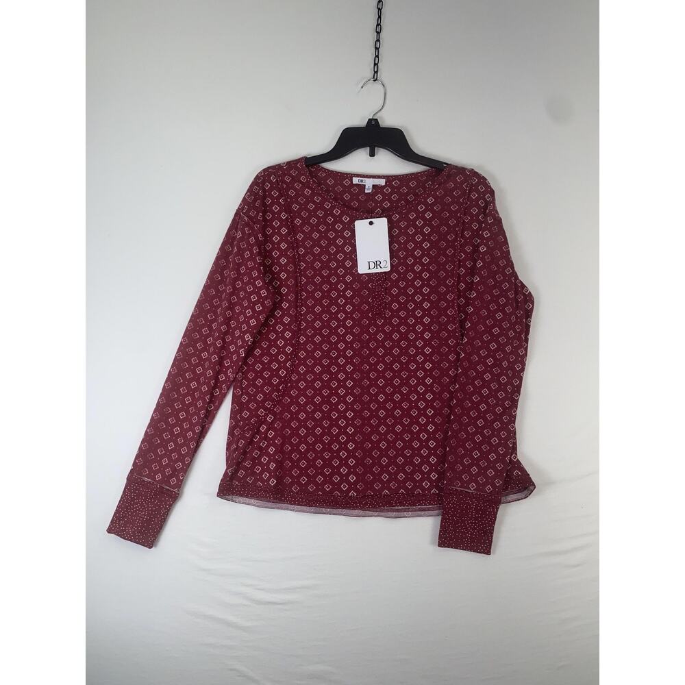 DR2 Shirt Womens Medium Red Geometric Print Long Sleeve Stretch Pullover Top